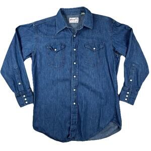VTG Wrangler Sandorized Pearl Snap Denim Jean Shirt Men’s Size 16.5x33 USA 60s